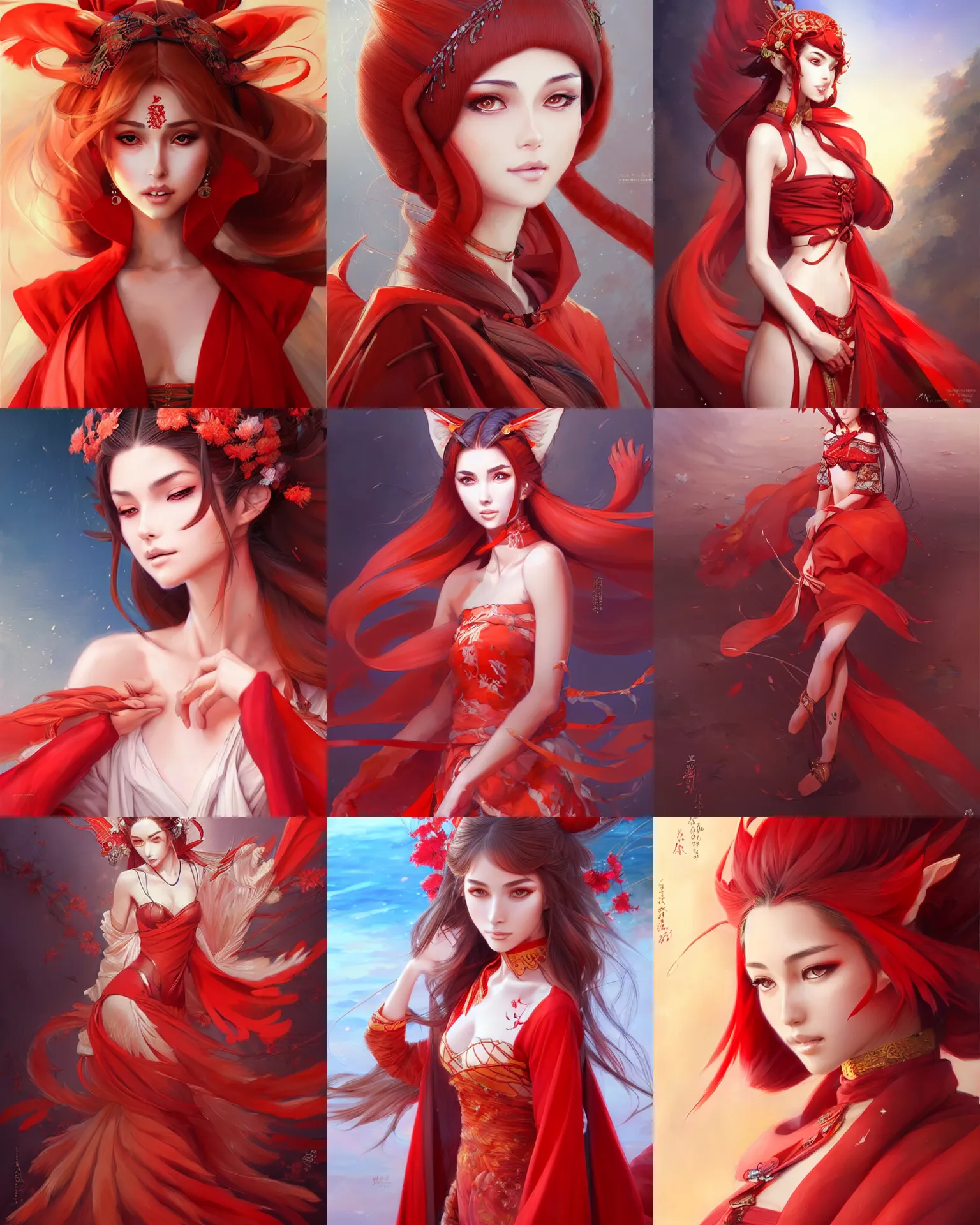 Prompt: beautiful kitsune girl with red traditional wear, masterpiece by Olivia culpo Stanley Artgerm Lau, WLOP, Rossdraws, James Jean, Andrei Riabovitchev, Marc Simonetti, Yoshitaka Amano, digital art, artstation