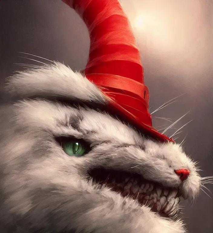 Image similar to complex 3 d render, hyper detailed, ultra sharp, of the cat in the hat, scary, dark, cinematic, natural soft light, rim light, art by greg rutkowski and artgerm and norman rockwell, dr seuss