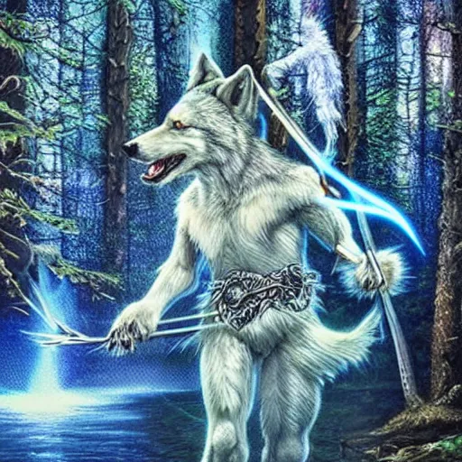 Prompt: humanoid wolf holding an bow and arrow in hand in an enchanted forest with a blue hue and blue fireflie and a waterfall in the distance that magically glows blue, insanely detailed, hyper realistic