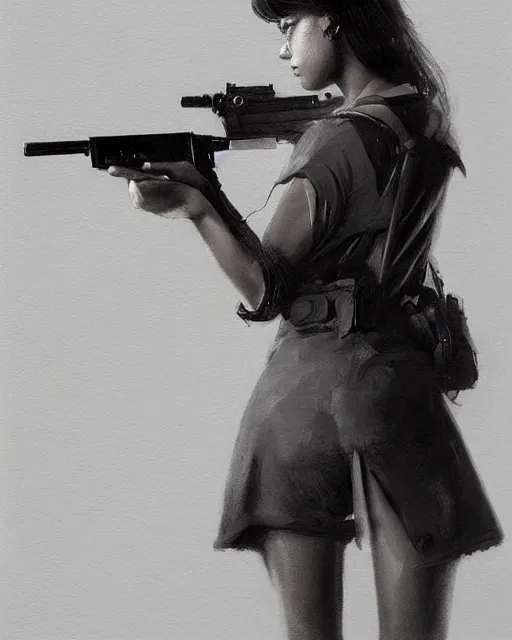 Image similar to Hyper realistic painting of a girl holding a gun, noir, hyper detailed, by greg rutkowski, trending on artstation