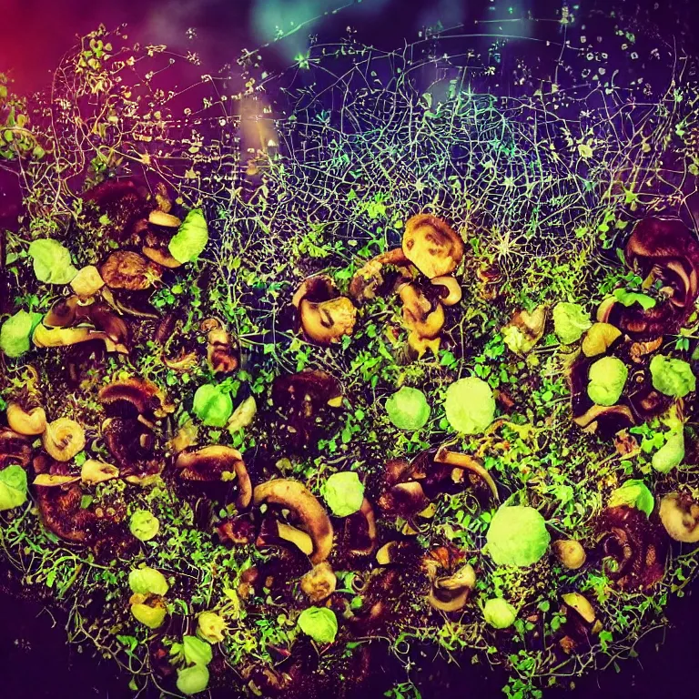 Image similar to double exposure of dally life, symbols of live, explosion, different sprouts and microgreens on mushrooms, cyber mushroom city, mushroom matrix, love is the most relevant theme, 8 k resolution, artistic mode, artistic, trending on instagram, long exposure, love art, serious, fantasy and dreams vibes, mushrooms style and macro style, spring vibes in twilight or sunset lights