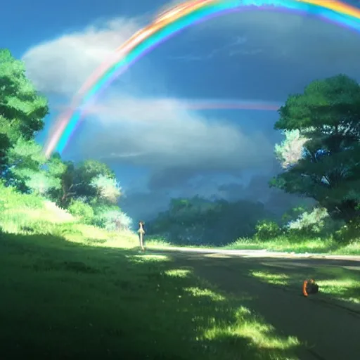 Image similar to rainbow wizard going to crossing a rainbow bridge, by Makoto Shinkai