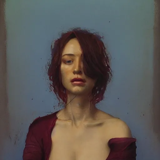 Image similar to a beautiful woman bathed in blue light and standing in a burgundy room looking vacant by arcimboldo, david lynch, greg rutkowski, trending on artstation