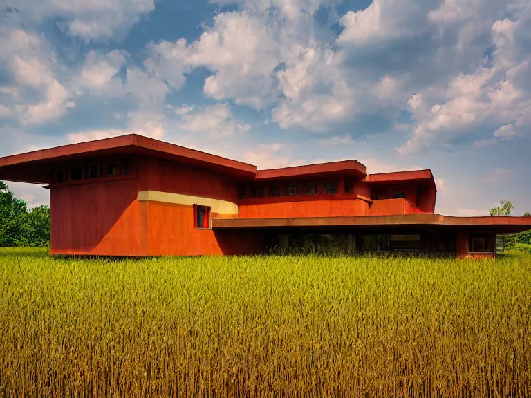 Image similar to hyperrealism colour design by frank lloyd wright and kenzo tange photography from 5 point of perspective of beautiful detailed small solarpunk house with many details in small detailed ukrainian village designed by taras shevchenko and wes anderson and caravaggio, wheat field behind the house, around the forest volumetric natural light