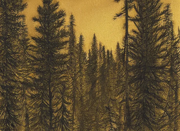 Image similar to A summer pine tree forest drawn with crayon by Da Vinci with holy golden sparkle ink and deep brown oak paints on a fine art canvas detailed landscape masterpiece.