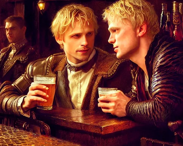 Prompt: attractive arthur pendragon and attractive merlin go to a pub together to have some drinks. highly detailed painting by gaston bussiere, craig mullins, j. c. leyendecker 8 k