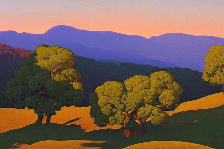 Prompt: masterpiece painting of oak trees along the ridge at dawn, by a. j. casson and john watkiss and edward okun and dan munford and maxfield parrish and wayne thiebaud