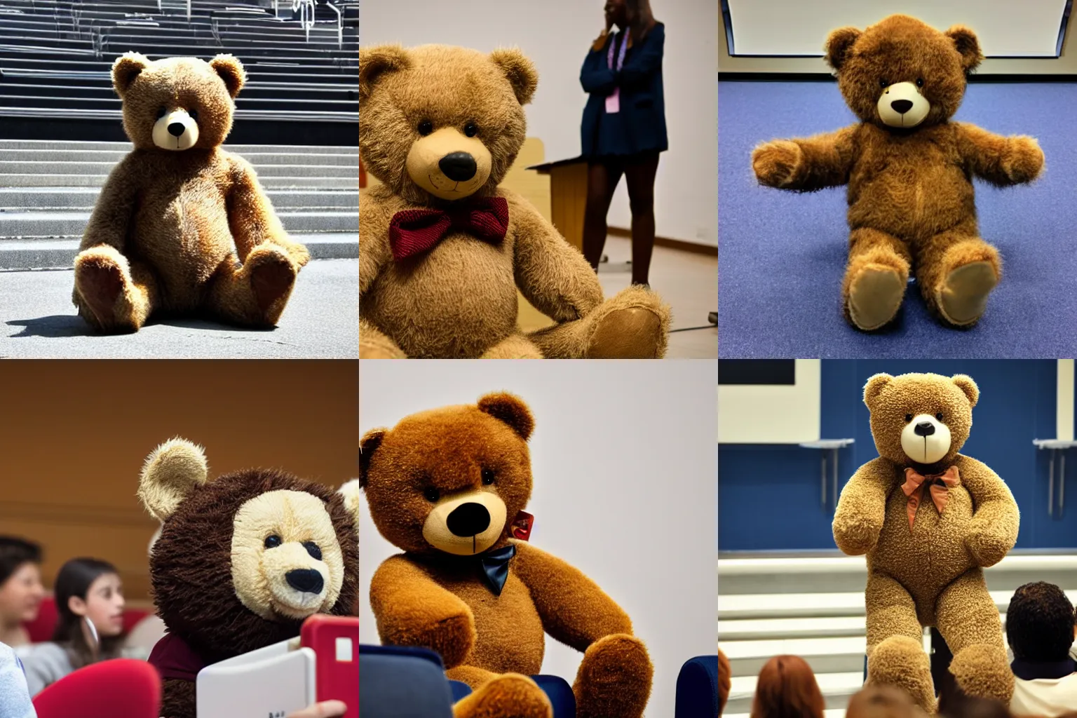Prompt: a teddy bear giving a lecture in front of a college lecture hall