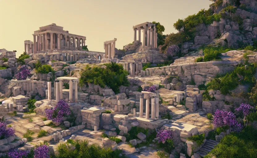 Prompt: futuristic village in ancient greek style, white, purple roofs, beams, tubes, pipes, built on a steep hill, on top of the hill is a greek temple, pillars, technology, in the style of Pixar, hyper realistic, Unreal Engine 5, octane render, trending on art station