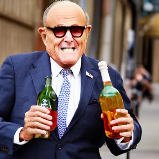 Image similar to news still of a drunk rudy giuliani holding a bottle, 4 k, professional