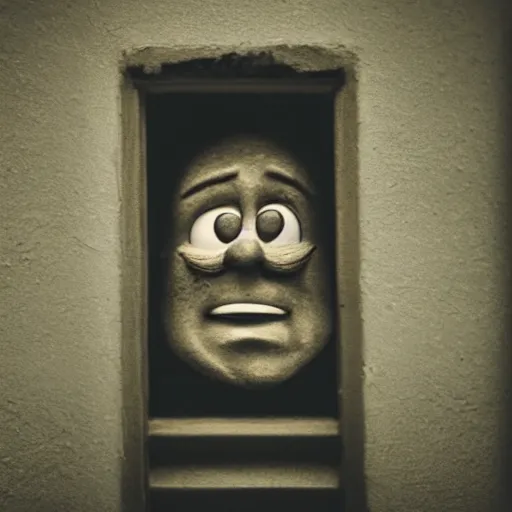 Image similar to a smiling old man peeking around a wall at night