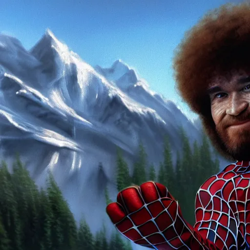 Image similar to a closeup photorealistic photograph of bob ross working on a canvas painting of spiderman. film still. brightly lit scene. mountains and trees. this 4 k hd image is trending on artstation, featured on behance, well - rendered, extra crisp, features intricate detail, epic composition and the style of unreal engine.