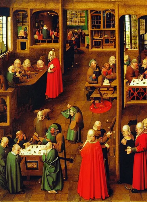 Image similar to date at the crowded medieval inn. Medieval painting, by Jan van Eyck