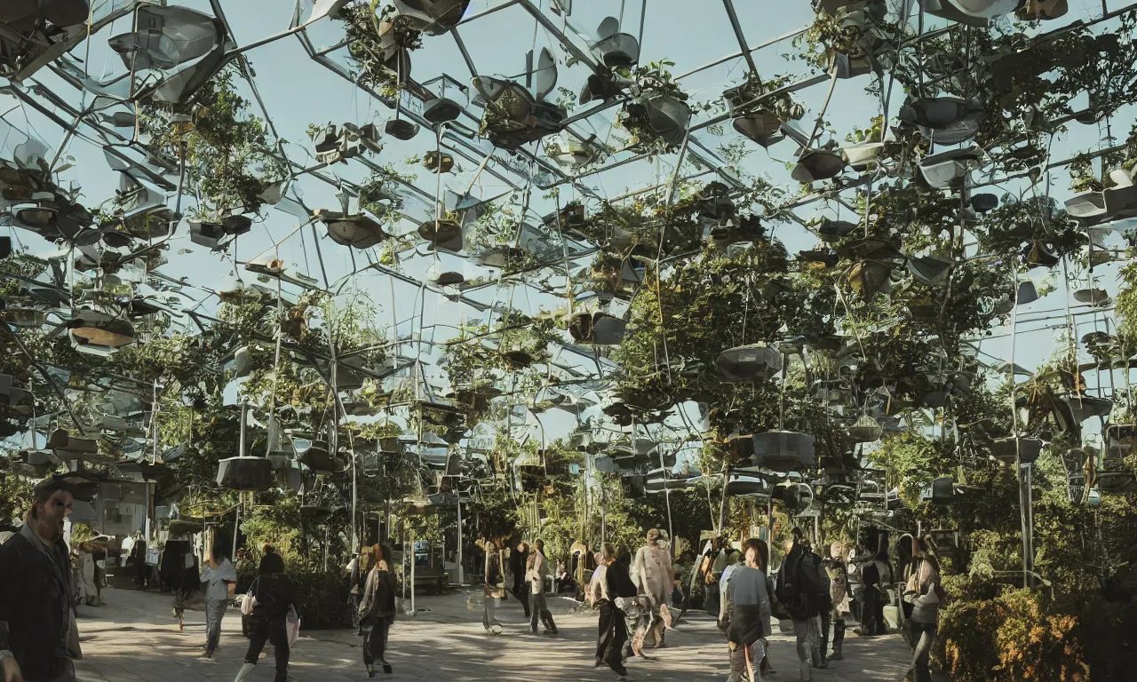Prompt: candid photo of sunrise atmospherics in a futuristic solarpunk utopia, hanging solar gardens with animals and humans walking in peace, brilliant daylight, leica 8 k still from an a 2 4 film