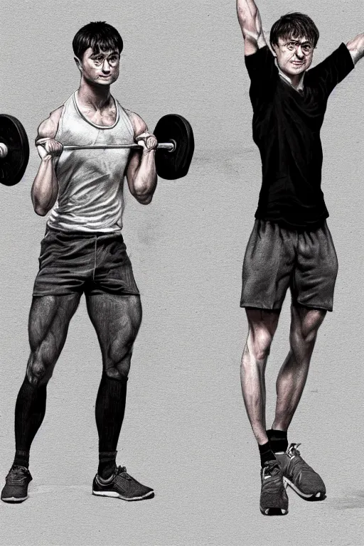 Image similar to highly detailed rendering of Daniel Radcliffe as Harry Potter doing barbell back squats, dingy workout gym, wearing a muscle tee shirt, muscular deep squats, symmetrical, highly detailed, digital painting, artstation, concept art, smooth, sharp focus, illustration, cinematic lighting, art by artgerm and greg rutkowski and alphonse mucha