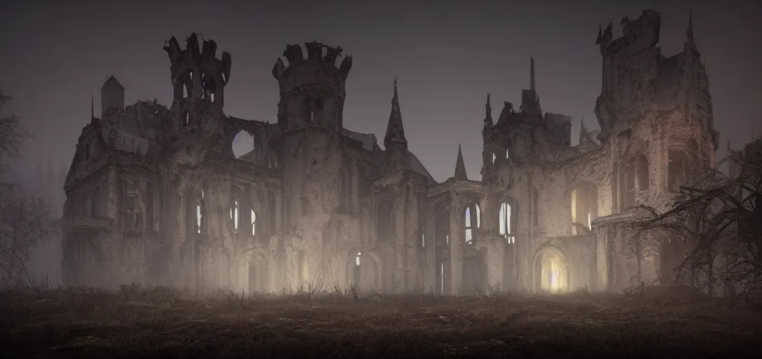Prompt: dramatic eerie render of exterior of dark abandoned ruined gothic castle at night, exposed, accurate ray tracing, mysterious colored fog, ambient occlusion, unreal engine, detailed, vibrant, visually striking, trending on artstation, by greg rutowski and jordan grimmer