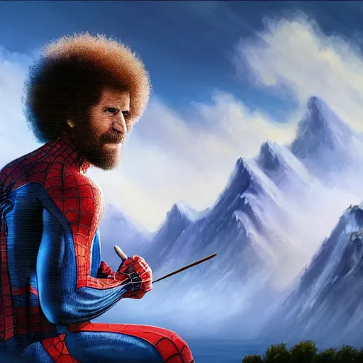 Image similar to a closeup photorealistic photograph of bob ross working on a canvas painting of spiderman. film still. brightly lit scene. mountains and trees. this 4 k hd image is trending on artstation, featured on behance, well - rendered, extra crisp, features intricate detail, epic composition and the style of unreal engine.