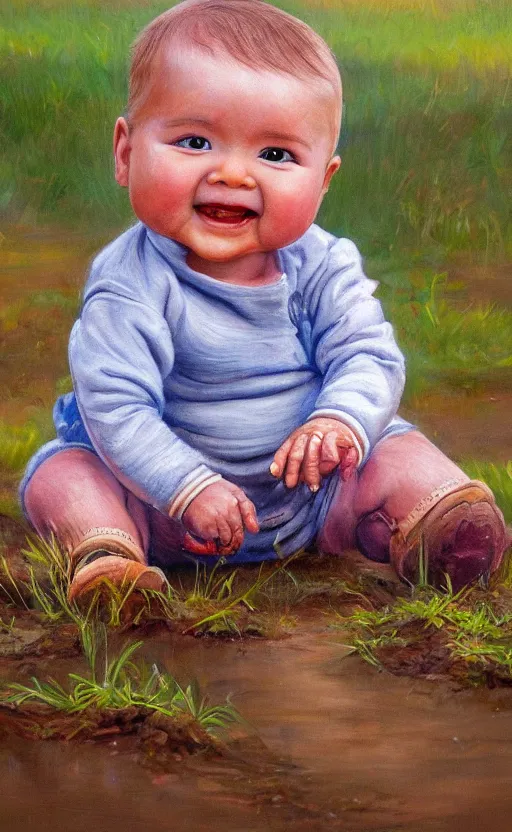 Prompt: beautiful detailed painting of a baby crawling in the mud. the baby is smiling and happy, and wearing small wellies. vibrant, high quality, very funny, beautiful, hq. hd. 4 k. award winning. trending on artstation