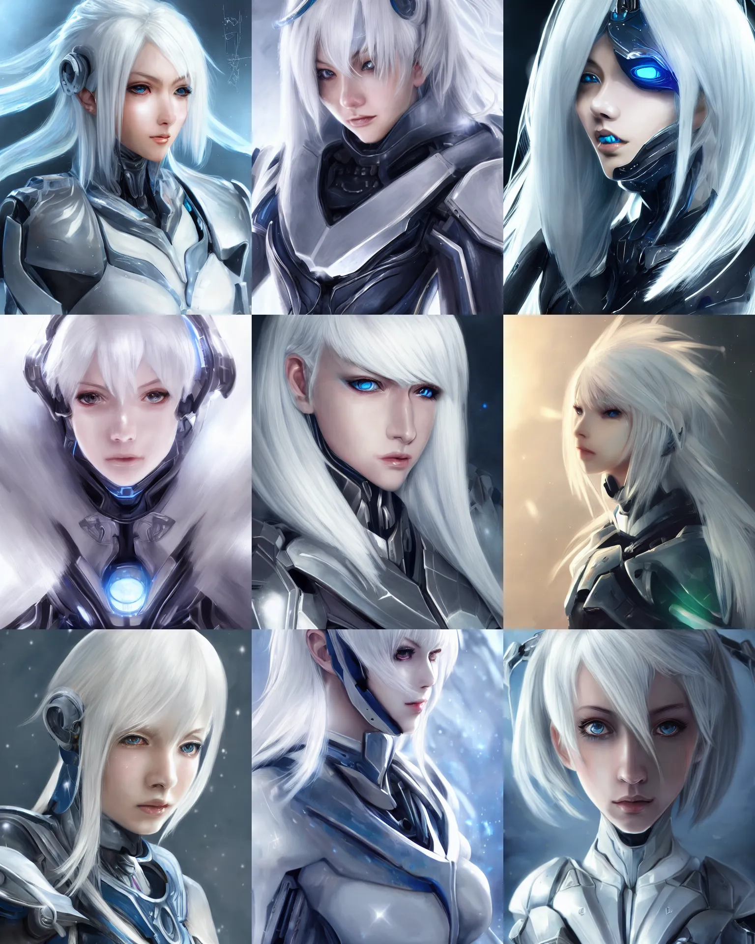 Prompt: detailed portrait of perfect white haired girl, android, warframe armor, beautiful, dreamy, pretty face, blue cyborg eyes, bright light, scifi, 4 k, high definition, sun yunjoo, ultra realistic, aura of light, cinematic, extreme details, sharp focus, masterpiece, art by akihito tsukushi