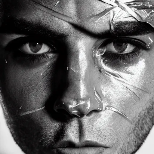 Image similar to a close up portrait of a beautiful athletic young persian male with his face covered in silver leaf , photographed by erwin olaf, artistic