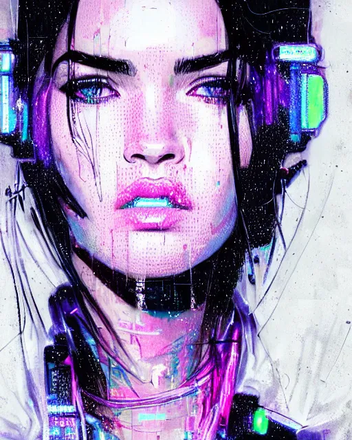 Image similar to detailed megan fox portrait neon operator girl, cyberpunk futuristic neon, reflective puffy coat, decorated with traditional japanese ornaments by ismail inceoglu dragan bibin hans thoma greg rutkowski alexandros pyromallis nekro rene maritte illustrated, perfect face, fine details, realistic shaded, fine - face, pretty face