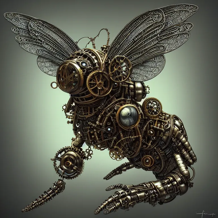 Image similar to steampunk cybernetic biomechanical bee with wings, 3 d model, very coherent symmetrical artwork, unreal engine realistic render, 8 k, micro detail, intricate, elegant, highly detailed, centered, digital painting, artstation, smooth, sharp focus, illustration, artgerm, tomasz alen kopera, wlop