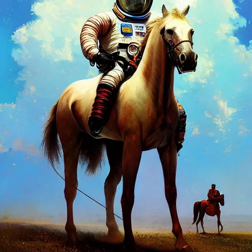 Image similar to a horse on top a man, a horse carried by a astronaut, hyperrealism, no blur, 4 k resolution, ultra detailed, style of ron cobb, adolf hiremy - hirschl, syd mead, ismail inceoglu, rene margitte