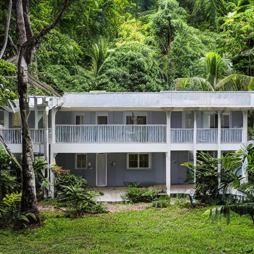 Prompt: 2000sf two level house, wrap around balconies and porches, gray white light blue exterior, large stones in front yard, in a tropical rainforest, photorealistic,8k, XF IQ4, 150MP, 50mm, F1.4, ISO 200, 1/160s, natural light