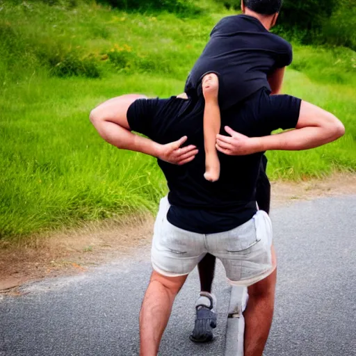 Prompt: black and white cat walking on the back of a man wearing a black t - shirt and blue shorts