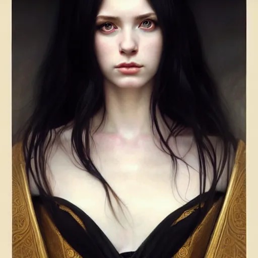 Image similar to Portrait of a beautiful, pale skin, female with long black hair, dark, piercing eyes, gentle expression, elegant clothing, photorealistic, highly detailed, artstation, smooth, sharp focus, art by Klimt, artgerm, Greg Rutkowski and Alphonse Mucha