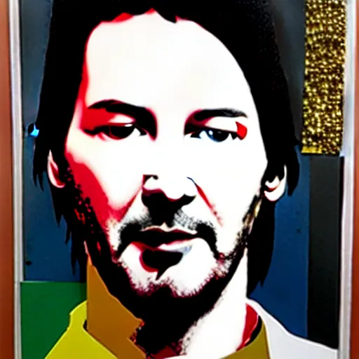 Image similar to portrait of keanu leaves, paper collage, mimmo rotella.