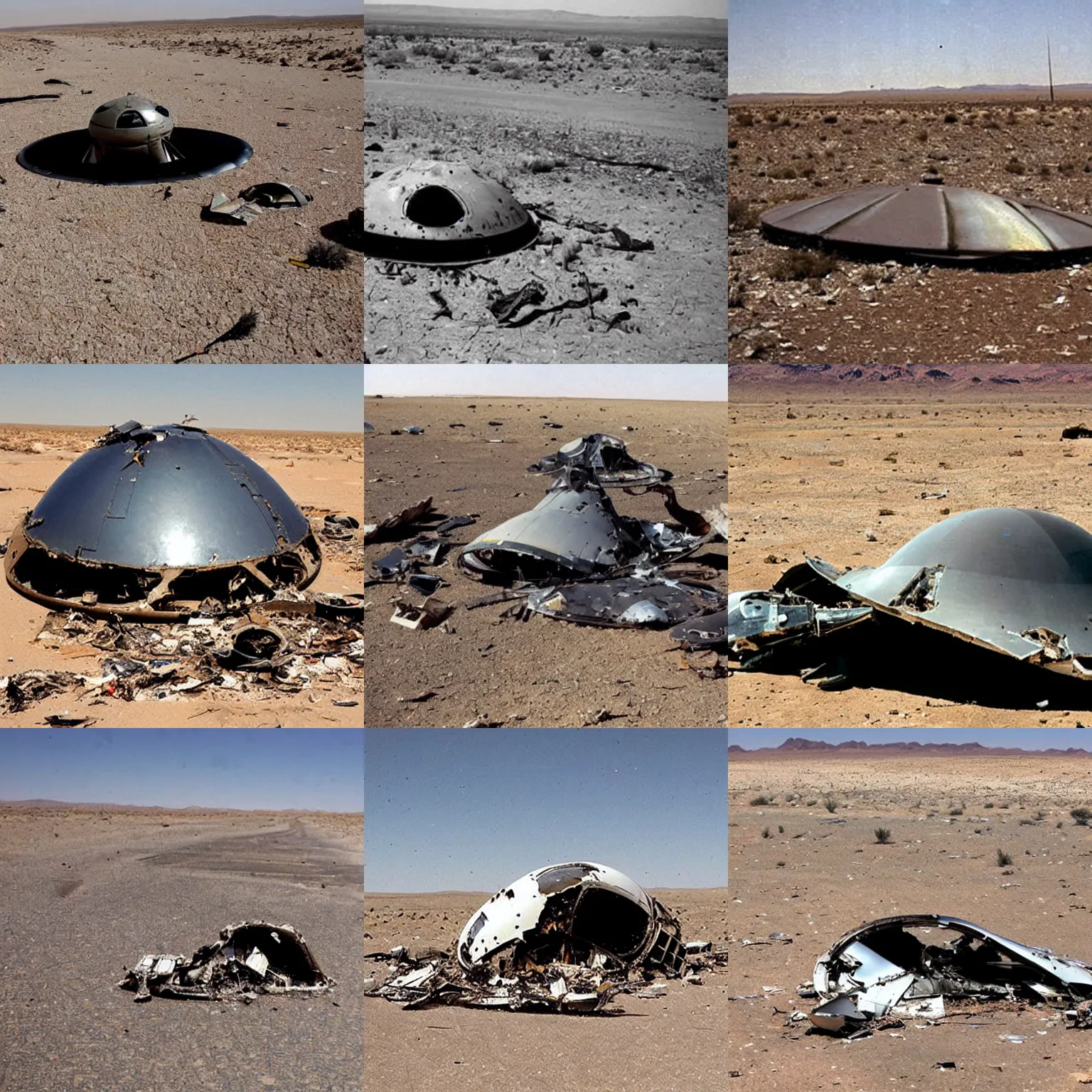 Prompt: ufo crashed in the desert, scattered wreckage and debris, archive photo