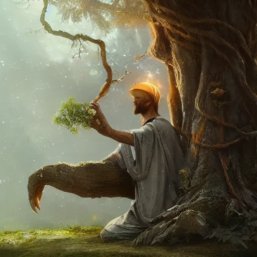 Image similar to a long beard sage worshipping under the tree of wisdom, magical world, by greg rutkowski, sung choi, photo realistic, 8 k, cinematic lighting, hd, atmospheric, hyperdetailed, trending on artstation, devainart, digital painting, glow effect