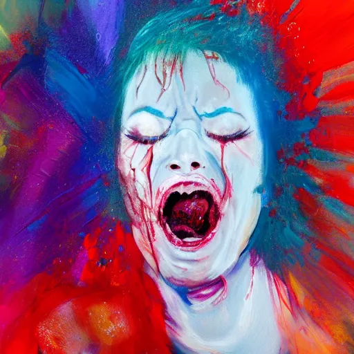 Prompt: extrem mad girl with total anger screams in the void to release her anger, abstract painting