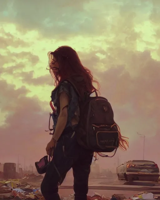 Prompt: poor detailed girl with backpack standing at cars looking for food at garbage dump, destroyed cars, city is pure wasteland, moody sunset in background, high details, photorealism, cinematic, greg rutkowski, alphonse mucha, trending on artstation, artgerm, unreal engine, breathtaking, award winning, highly detailed