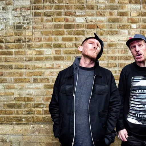 Image similar to sleaford mods shouting at their noisy neighbour, wide angle, gritty