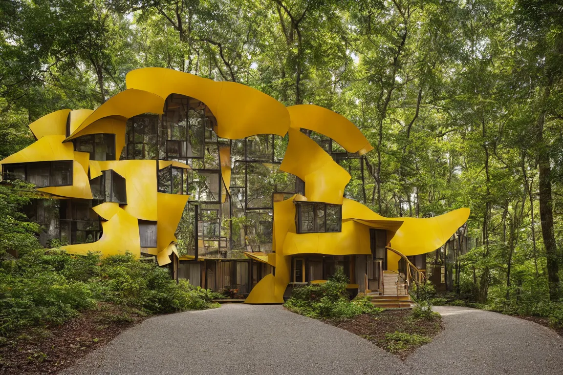 Image similar to a mid century modern house in a forest, designed by Frank Gehry. Tiles. Small gravel driveway . Film grain, cinematic, yellow hue