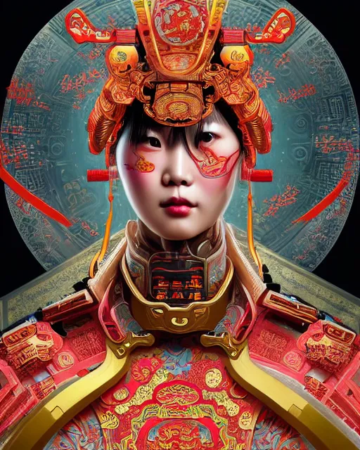 Image similar to portrait of a chinese cyberpunk machine, machine face, arms, upper half portrait, decorated with chinese opera motifs, regal, asian, fine china, wuxia, traditional chinese art intricate intense elegant 京 剧 highly detailed digital painting artstation concept art smooth sharp focus illustration, art by artgerm and greg rutkowski alphonse mucha 8 k