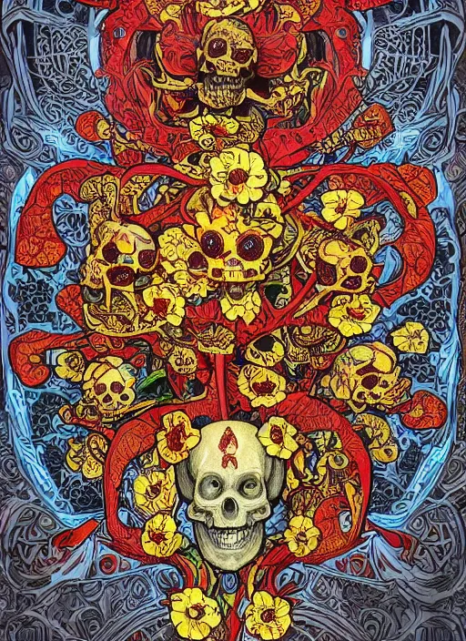 Image similar to intricate mickey mouse skull carving art, background are varities of superhot chili peppers, bhut jolokia, carolina reaper, voronoi, fibonacci sequence, by Moebius, Alphonse Mucha, hiroshi yoshida, Art Nouveau, cgsociety, complementary colour scheme, ultradetailed, vivid colour, 3d