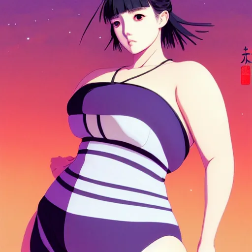 Image similar to a beautiful plus sized model japanese natalie portman, alluring plus sized model, wearing mayan leotard with overalls, street fashion hip hop style with mayan patterns, aztec street fashion, gapmoe yandere grimdark, trending on pixiv fanbox, painted by greg rutkowski makoto shinkai takashi takeuchi studio ghibli, akihiko yoshida