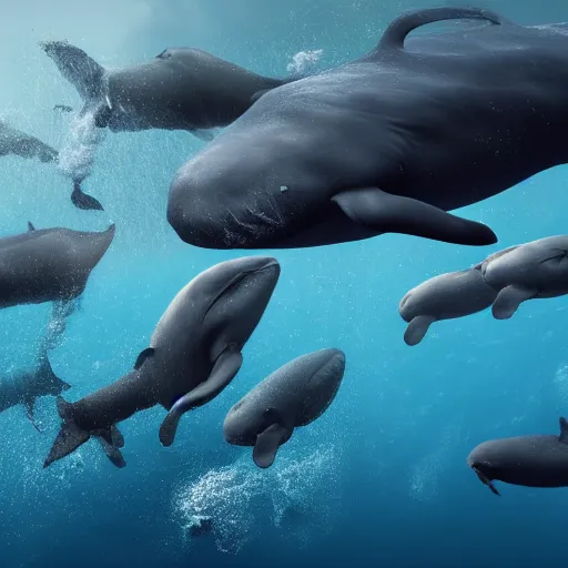 Image similar to ultra realistic underwater photography, panoramic picture of an ocean floor with large baluga whales. focus on the whales. the whales are anatomically correct and highly detailed. lots of bubbles. seaweed and some rocks. gloomy scattered light entering from the water surface, artstation, 8 k