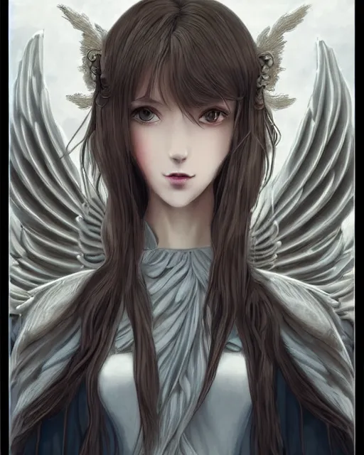 Image similar to an infinitely detailed portrait of a frail and pale female peace angel fully clothed. elegant clothes full - body, beautiful! scenery art!! coherent! by wlop & murata range, by ilya kuvshinov. victorian armor. artstation!! / pixiv!! elegantly armored angel portrait full - body, dreamy art