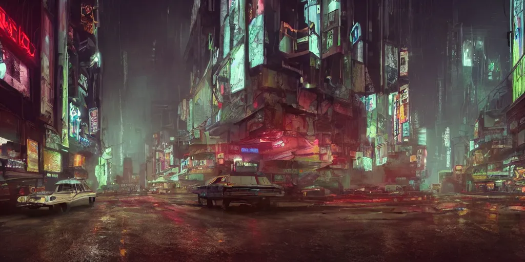 Image similar to a guatemalan solitary cyberpunk city, abandoned with neon ads and signs with evocative dramatic mood with blade runner vibe with cars and floating vehicles with motion blur with depth of field with bloom with lightshaft with volumetric lights, fog, by jeremy mann, oscar winning graphics, photo realistic, bloom, imax, dynamic lighting, artstation,