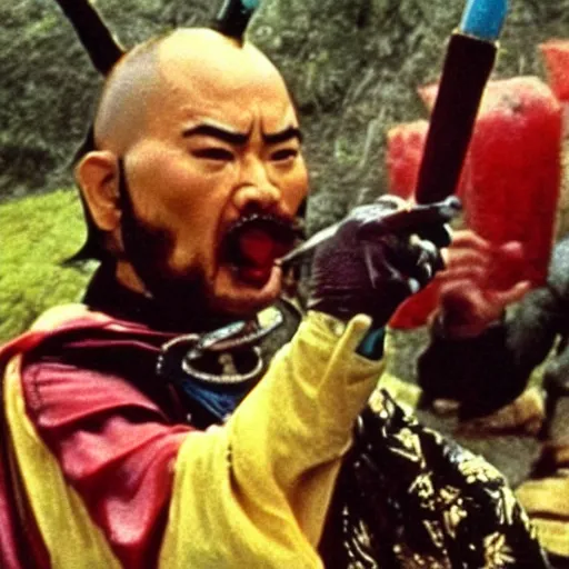 Image similar to scene from Kagemusha, 1980, movie still, cinematic, a samurai eating a hot dog, mustard and ketchup,