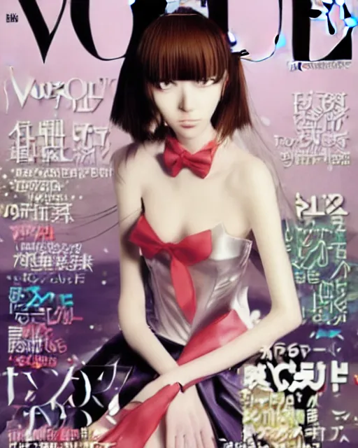 Prompt: anime girl on the cover of vogue wearing balenciaga, ufo table,