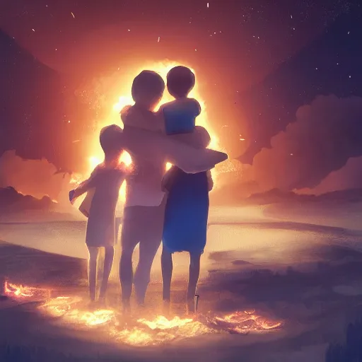 Image similar to A family hugging each other for the last time as the world is ending, meteors are falling from the sky, everything is on fire, dramatic lighting, digital art, very very very very very very beautiful, 8K, dark lighting, trending on Artstation, award winning