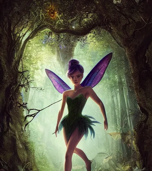 Image similar to demonic tinker bell flying in an enchanted forest, flawless symmetrical pretty cute face, greg rutkowski, 8 k, shallow depth of field, intricate detail, concept art,