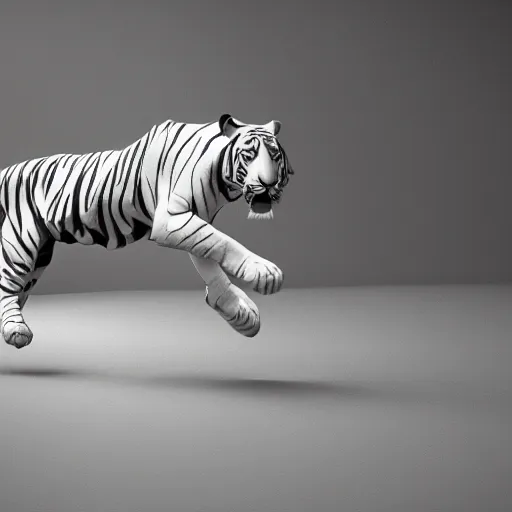 Image similar to a low - poly render of an all white tiger with no stripes in a dynamic action pose dwelling in the spirit realm, low poly 3 d, octane render, dramatic dreamlike lighting, all white render, no textures, angular energetic background elements, angular dynamic white rock floor, artgerm, unreal