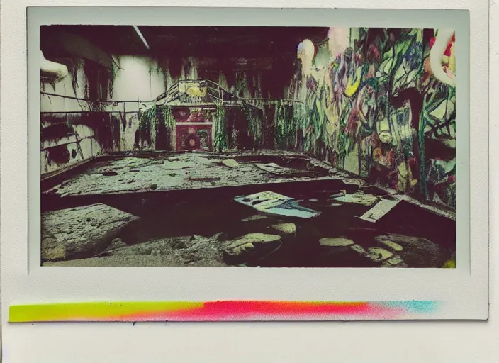 Image similar to polaroid photo of an abandoned colorful indoor water park with strange creatures lurking