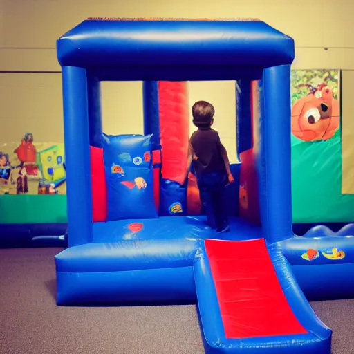 Image similar to a darkly lit indoor children's bounce house photo taken with a deposable camera limital space